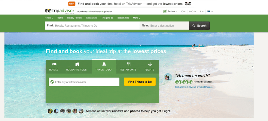 TripAdvisor's new homepage design promoting tours, activities and attractions