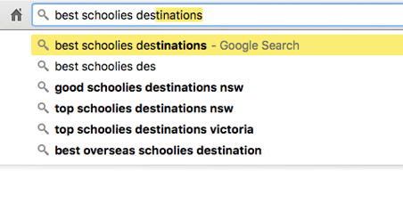 Google search schoolies destinations NSW